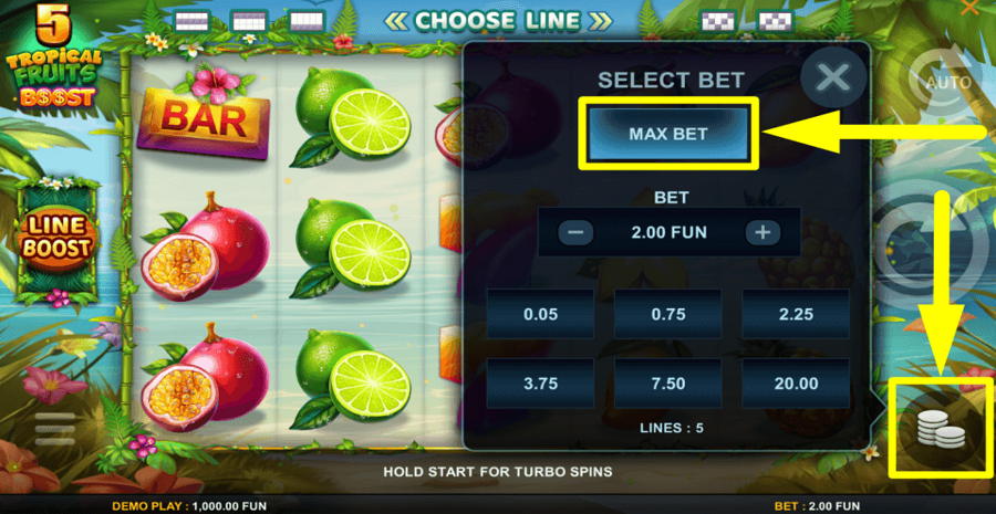 5 Tropical Fruits Boost Max Bet Button