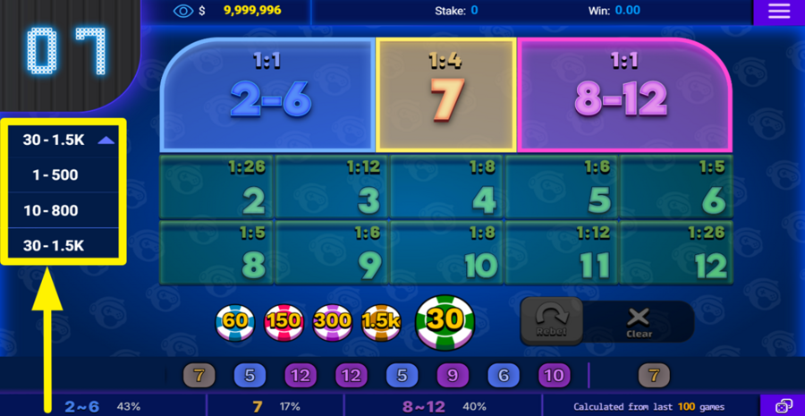 7 Up Down Choose Bet Size