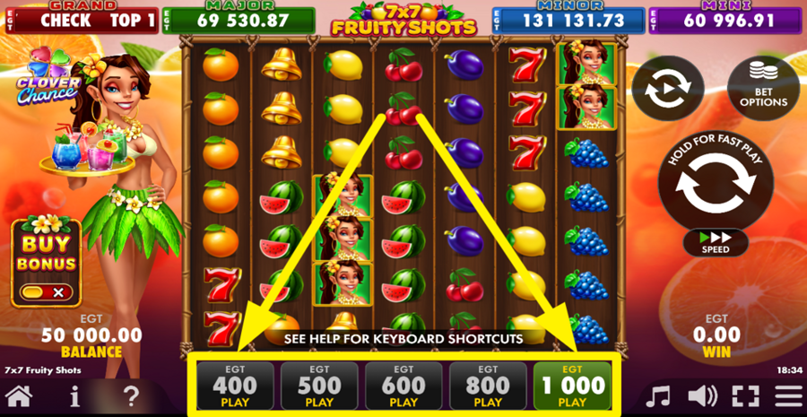 7x7 Fruity Shots Clover Chance Adjust Bet