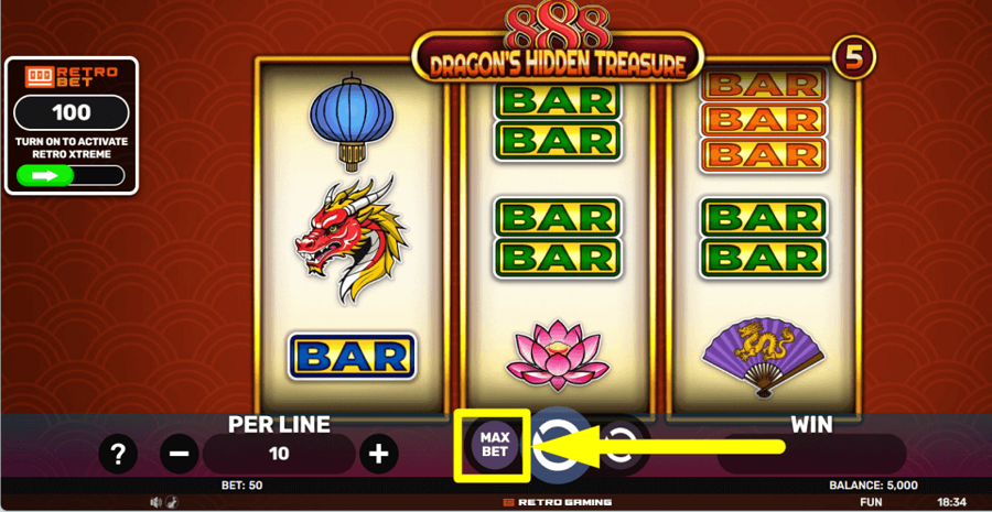 888 Dragons Hidden Treasure Max Bet Button