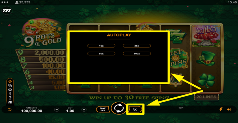 9 Pots Of Gold Autoplay Feature