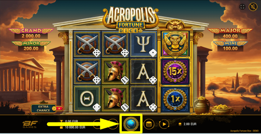 Acropolis Fortune Dice Spin Button