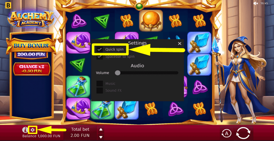 Alchemy Academy Quick Spin Feature
