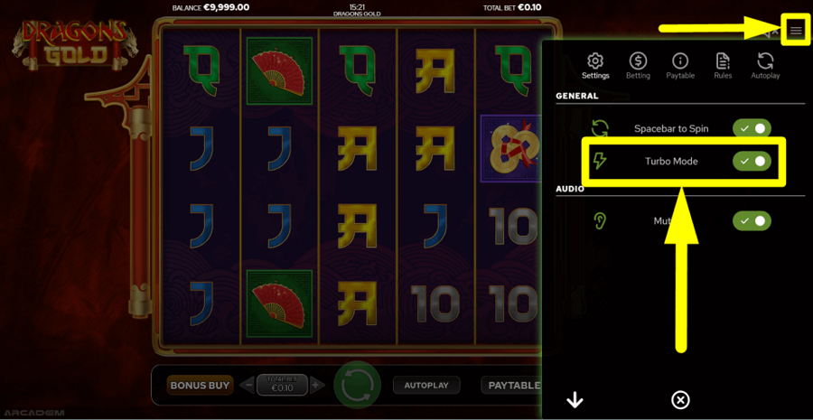 Arcadem Dragons Gold Turbo Feature