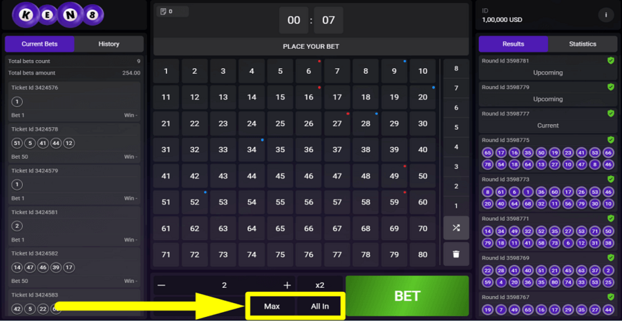 Astriona Keno 8 Max Button
