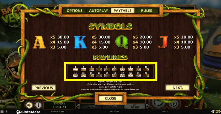 Back To Venus Paylines