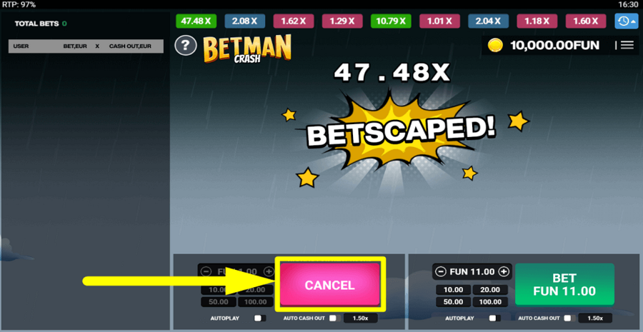 Betman Crash Cancel Button
