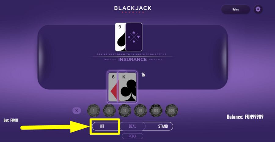 Blackjack Premium Single Deck Hit Button