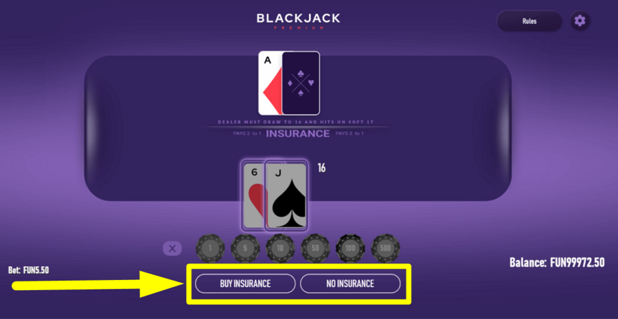 Blackjack Premium Single Deck Insurance Feature