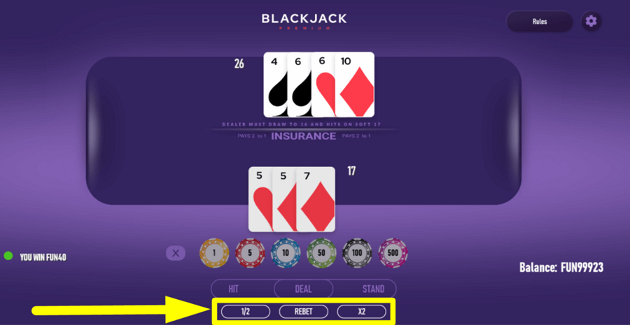 Blackjack Premium Single Deck Rebet Feature