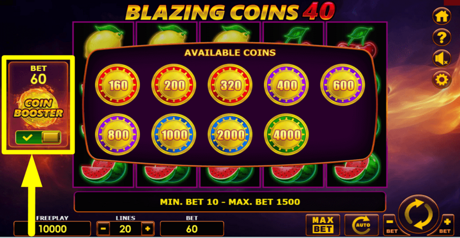 Blazing Coins 40 Coin Booster Feature