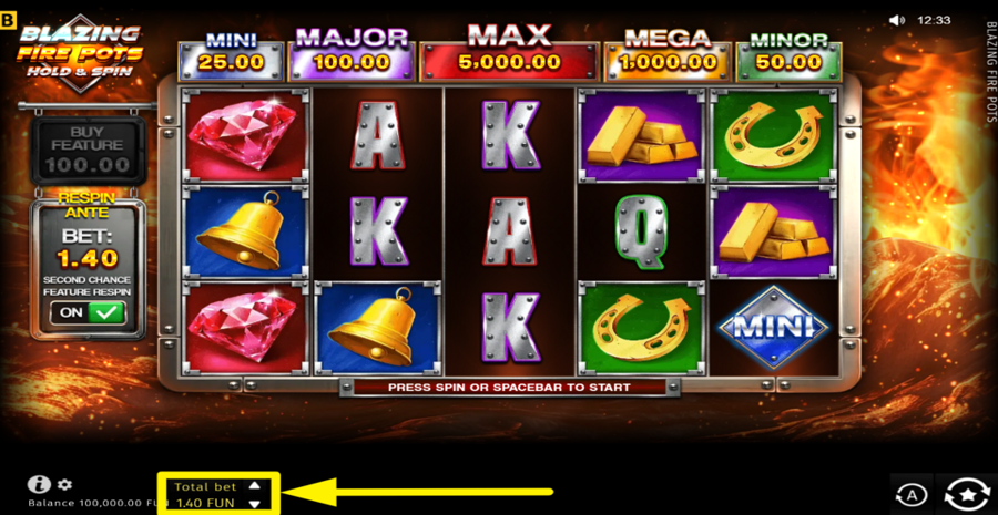 Blazing Fire Pots Hold And Spin Adjust Bet