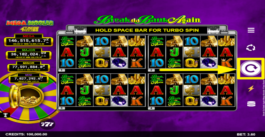 Break Da Bank Again Mega Moolah 4tune Reels Spin Button