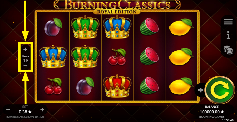 Burning Classics Royal Edition Adjust Bet Lines
