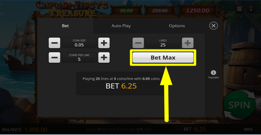 Captain Tipsys Treasure Bet Max Button