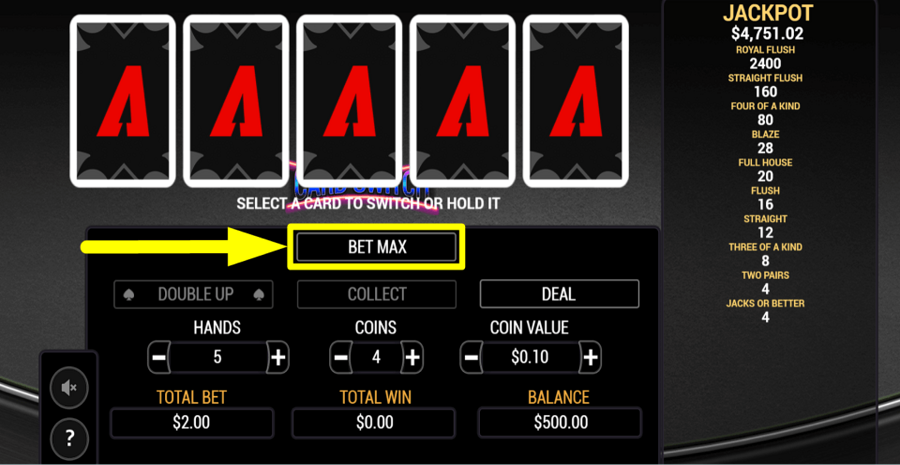 Card Switch Bet Max Button