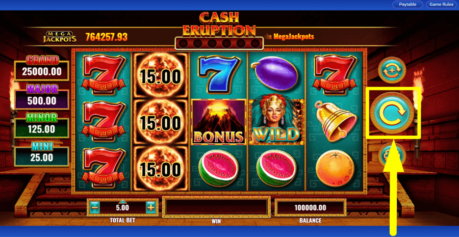 Cash Eruption Megajackpots Spin Button