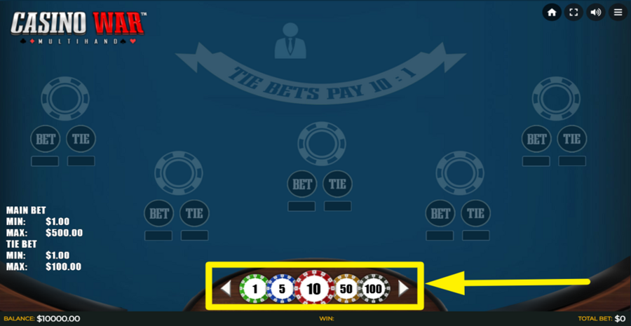 Casino War Multihand Adjust Bet