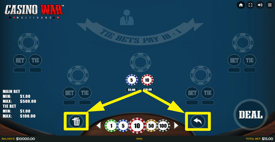 Casino War Multihand Remove Or Undo