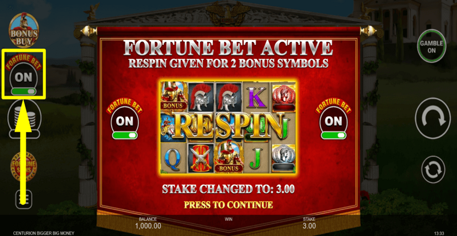Centurion Bigger Big Money Fortune Bet Feature