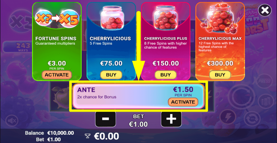 Cherrypop Burst Ante Bet Feature
