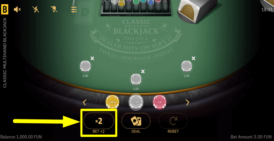 Classic Multihand Blackjack Double Bet Value