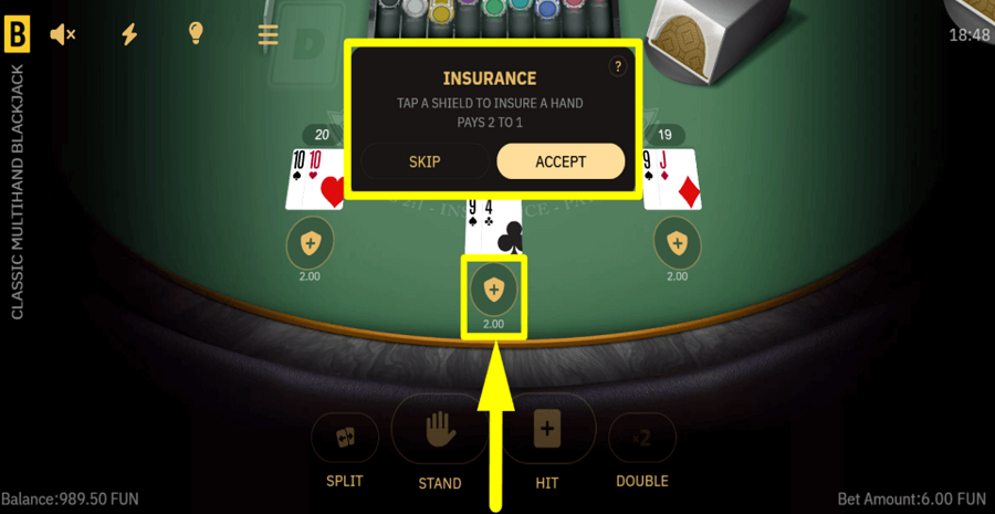 Classic Multihand Blackjack Insurance Feature