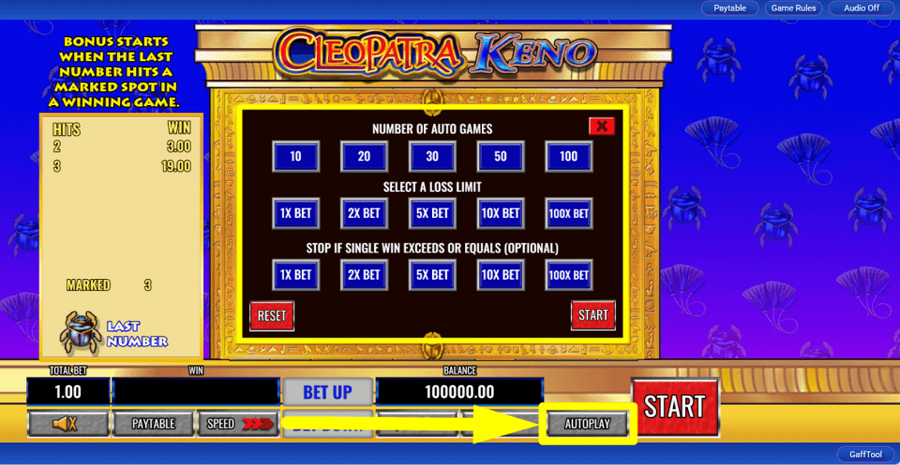 Cleopatra Keno Autoplay Feature