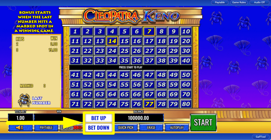 Cleopatra Keno Bet Value