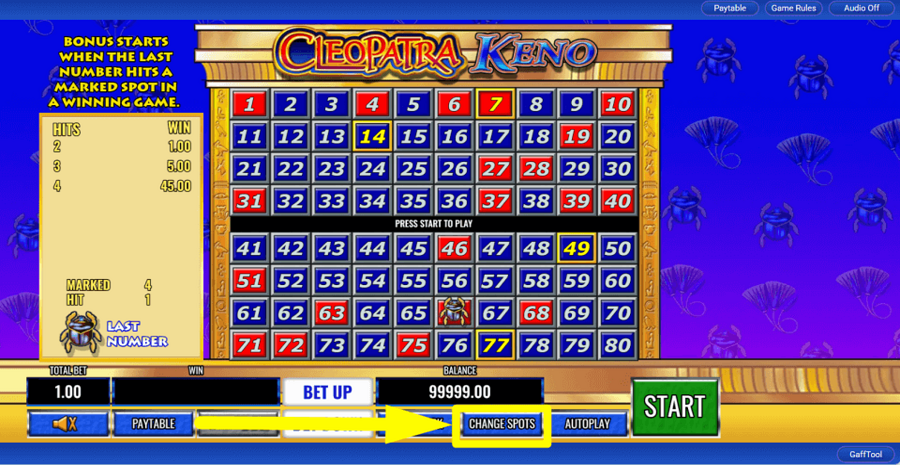 Cleopatra Keno Change Button