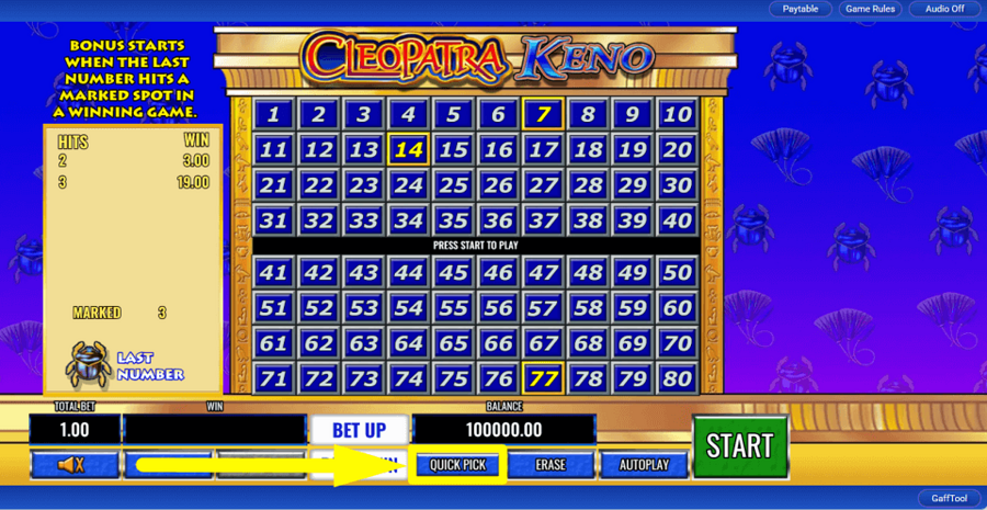 Cleopatra Keno Quick Pick Feature