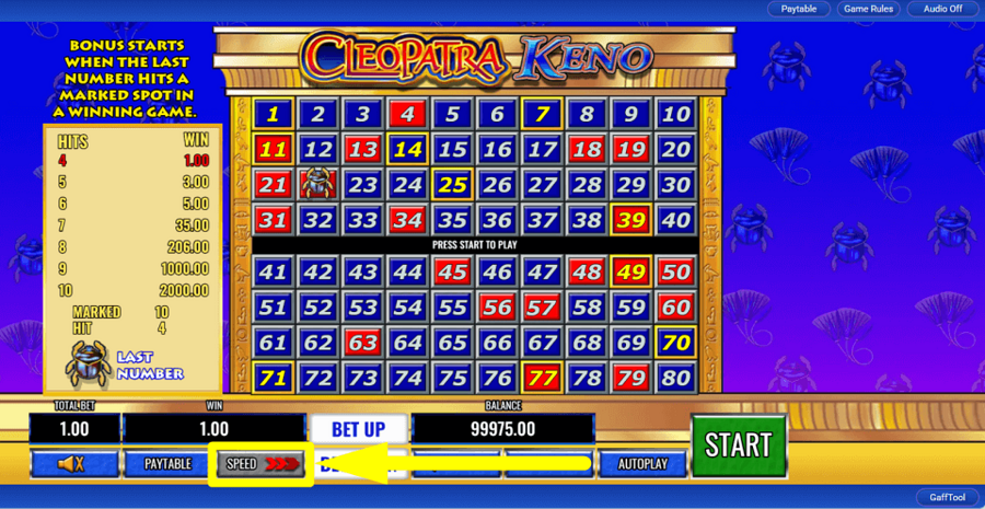 Cleopatra Keno Speed Feature