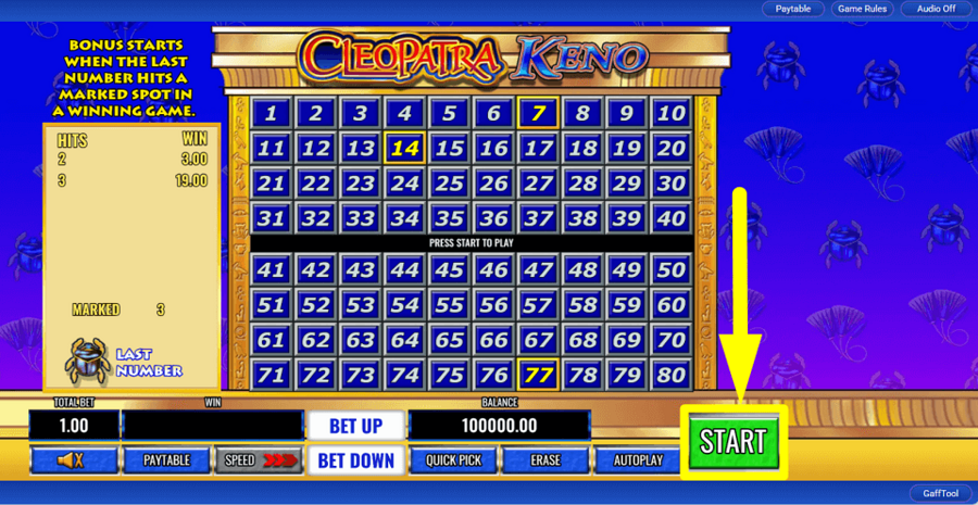 Cleopatra Keno Start Button
