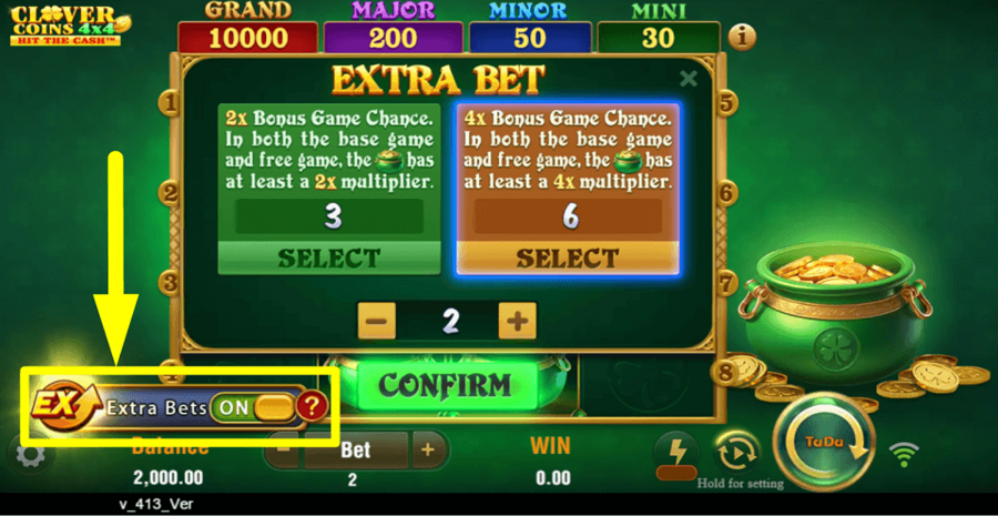 Clover Coins 4x4 Hit The Cash Extra Bet Feature