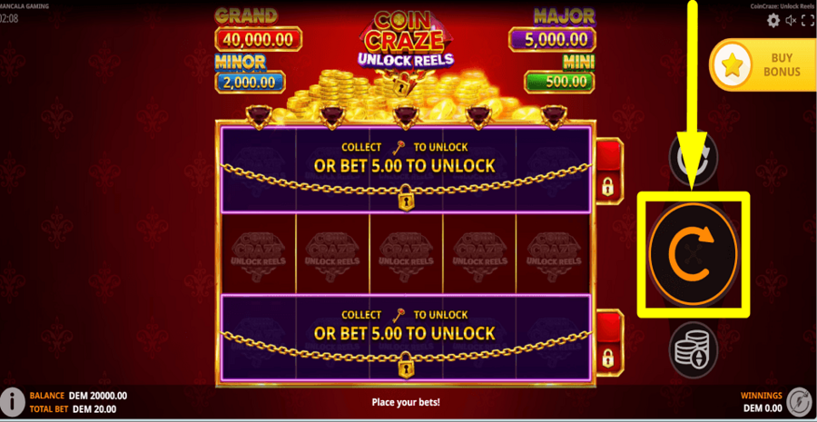 Coin Craze Unlock Reels Spin Button