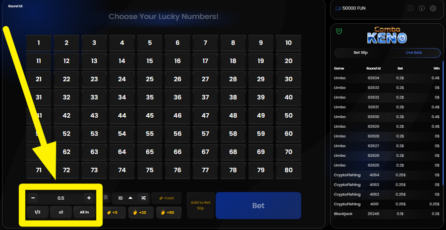 Combo Keno 10 Place Your Bet