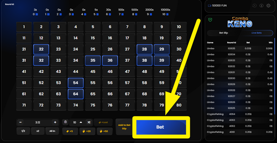 Combo Keno 10 Place Your Stake
