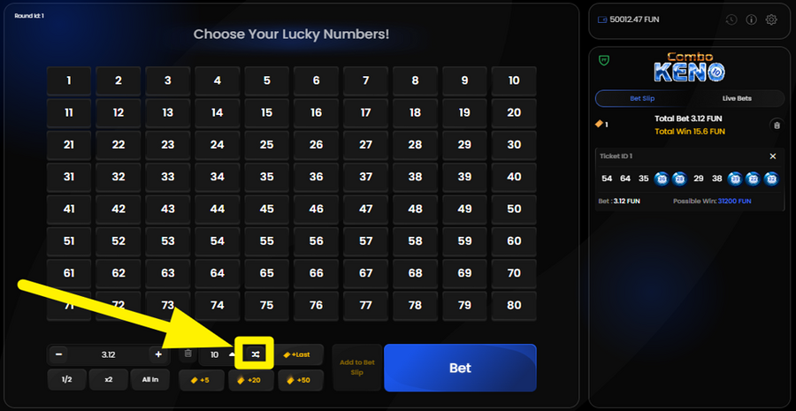Combo Keno 10 Select Random Numbers