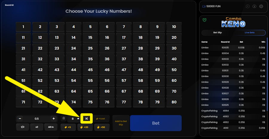 Combo Keno 8 Generate Numbers