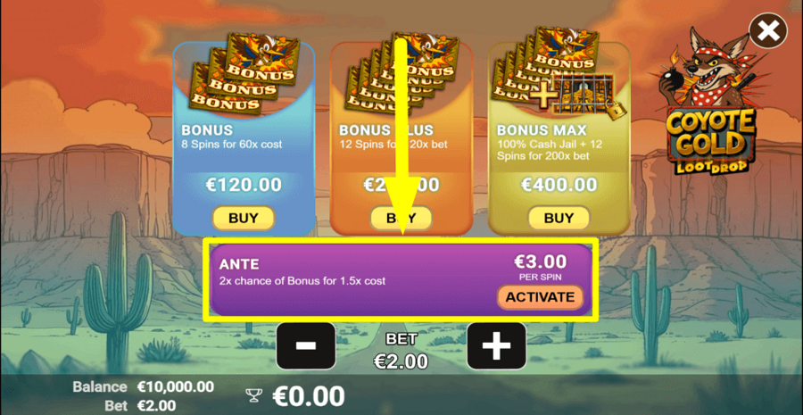 Coyote Gold Ante Bet Feature