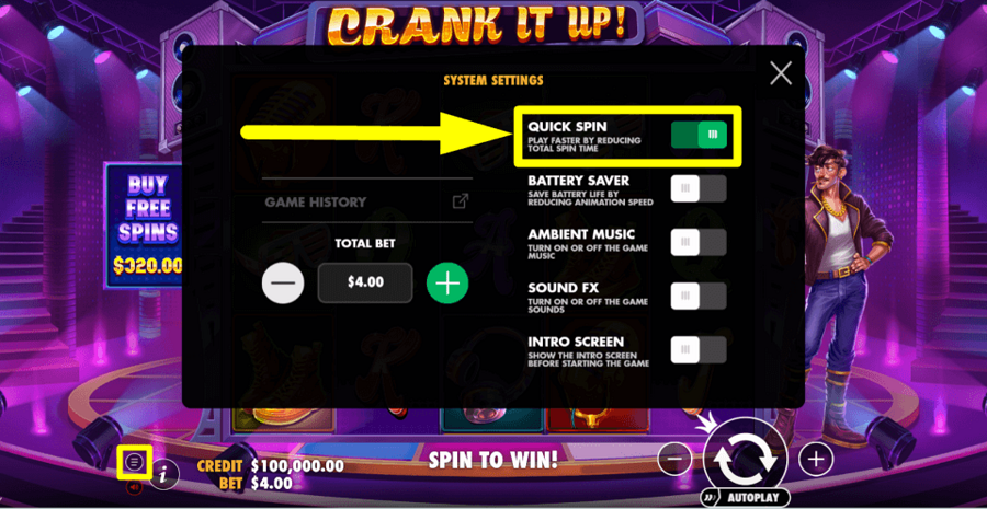 Crank It Up Quick Spin Feature