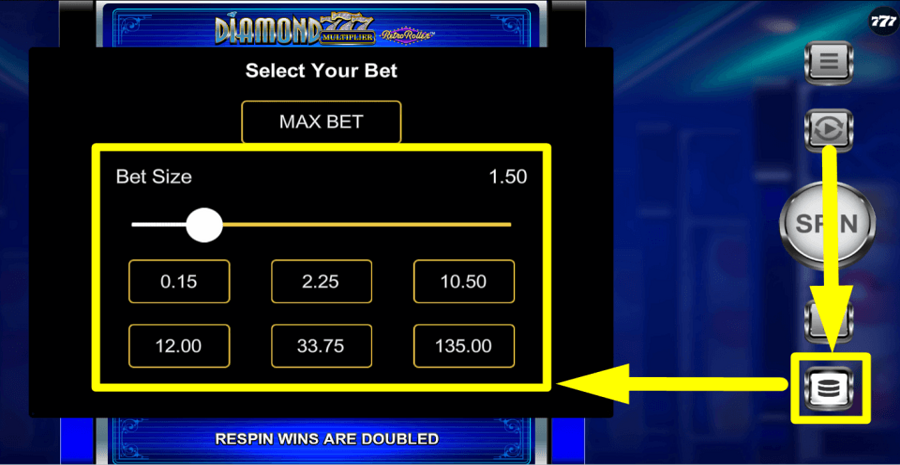 Diamond 777 Multiplier Retro Roller Bet Value