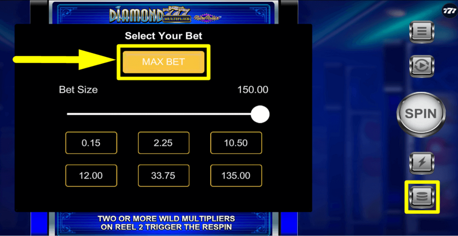 Diamond 777 Multiplier Retro Roller Max Bet Button