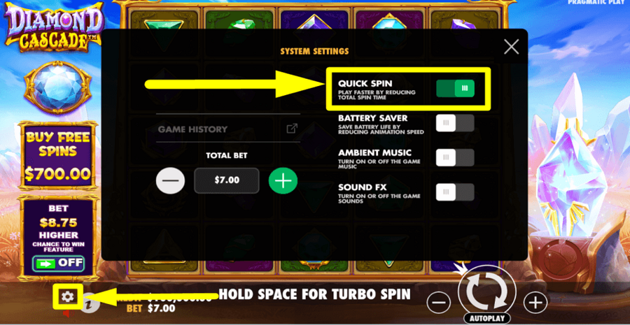 Diamond Cascade Quick Spin Feature