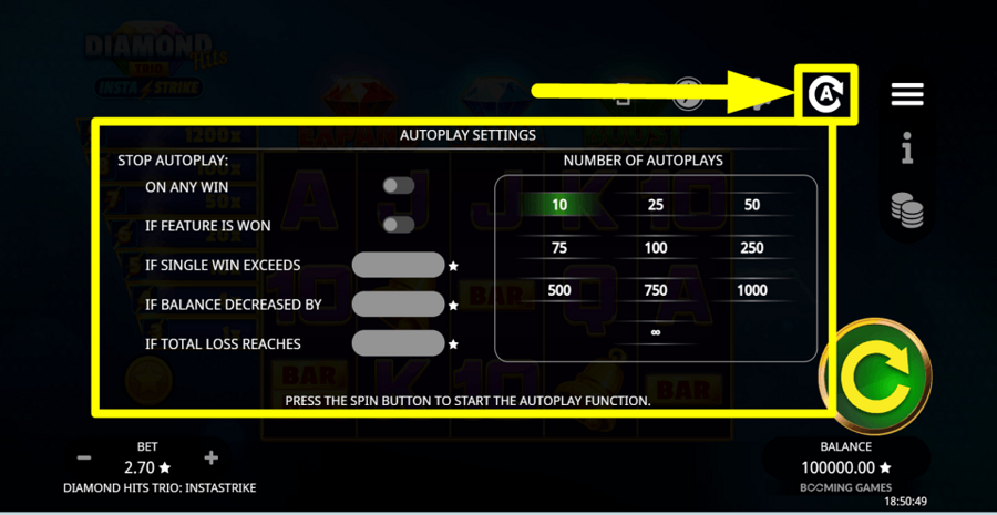 Diamond Hits Trio Instastrike Autoplay Feature