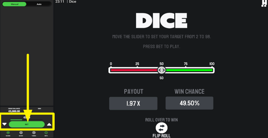 Dice dare2win Adjust Place Bet