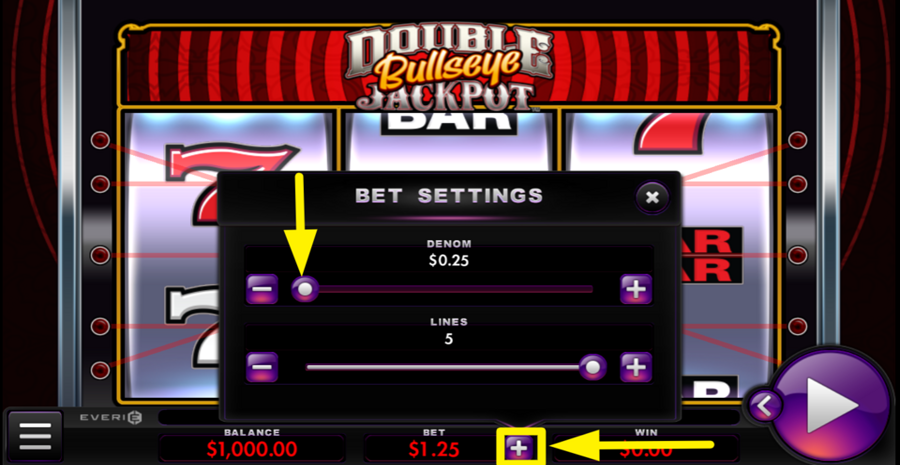 Double Jackpot Bullseye Adjust Denomination