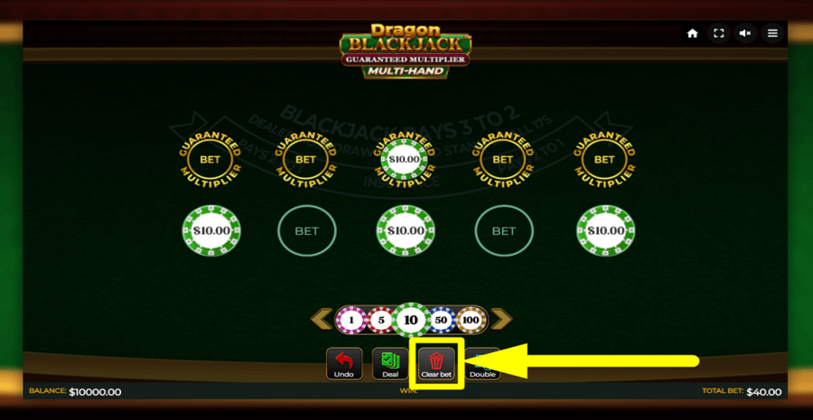 Dragon Blackjack Guaranteed Multiplier Multihand Clear Button