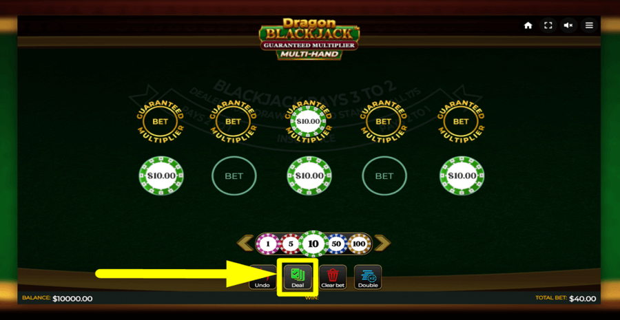 Dragon Blackjack Guaranteed Multiplier Multihand Deal Button