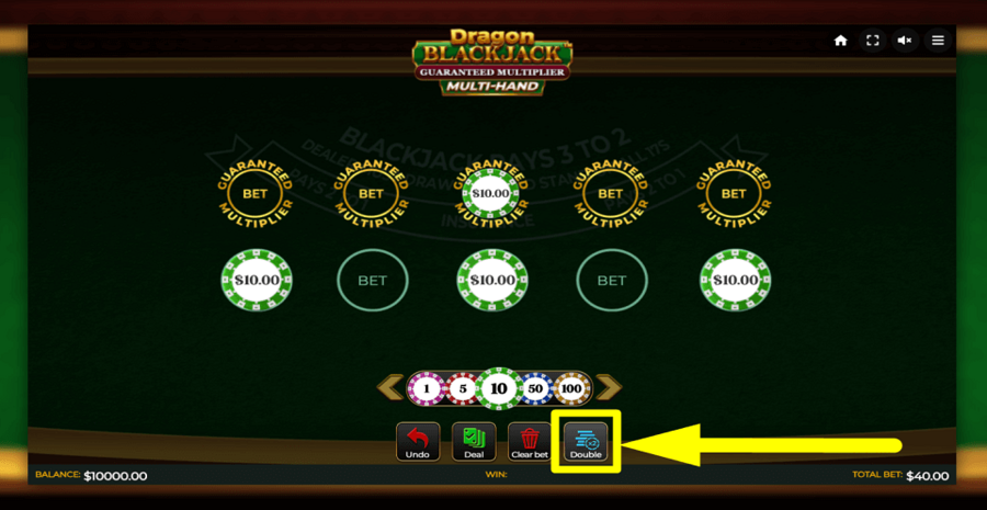 Dragon Blackjack Guaranteed Multiplier Multihand Double Button